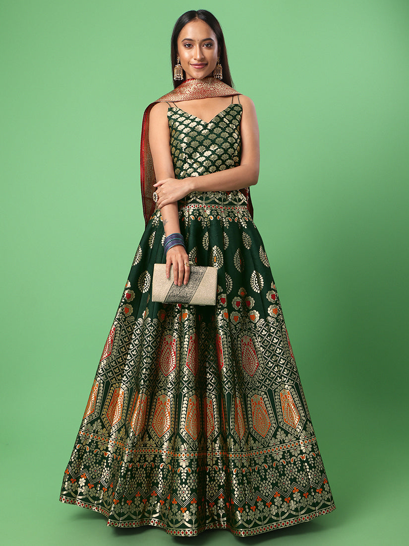 Dark Green Jacquard Zari Woven Lehenga With Maroon Banarasi Dupatta