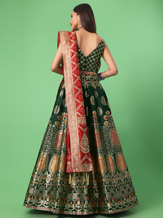 Dark Green Jacquard Zari Woven Lehenga With Maroon Banarasi Dupatta