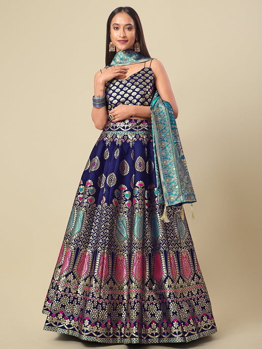 Navy Blue Jacquard Zari Woven Lehenga With Light Blue Banarasi Dupatta