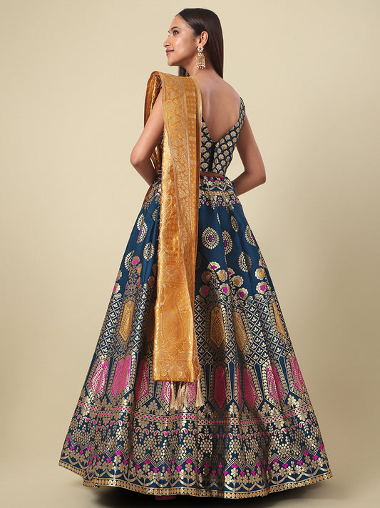 Teal Jacquard Zari Woven Lehenga With Yellow Banarasi Dupatta