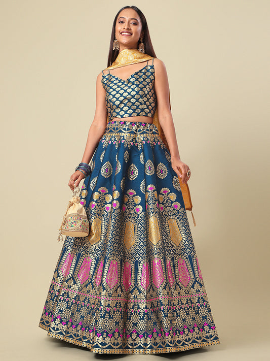 Teal Jacquard Zari Woven Lehenga With Yellow Banarasi Dupatta