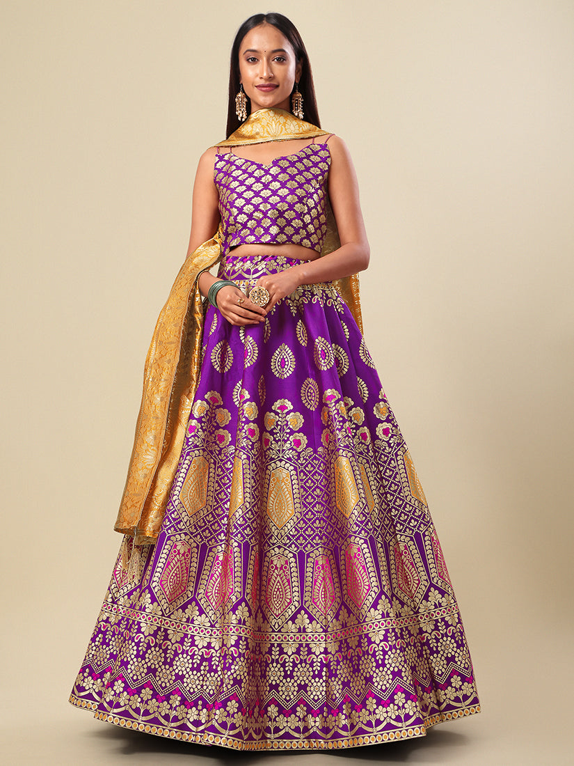 Violet Jacquard Zari Woven Lehenga With Yellow Banarasi Dupatta