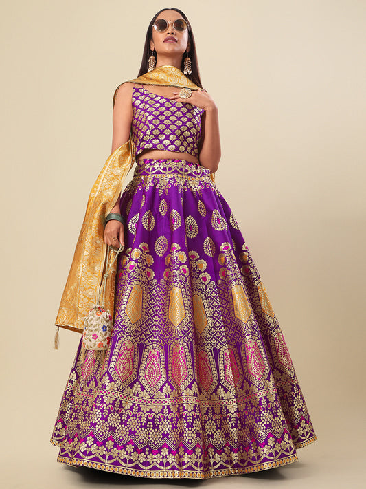 Violet Jacquard Zari Woven Lehenga With Yellow Banarasi Dupatta