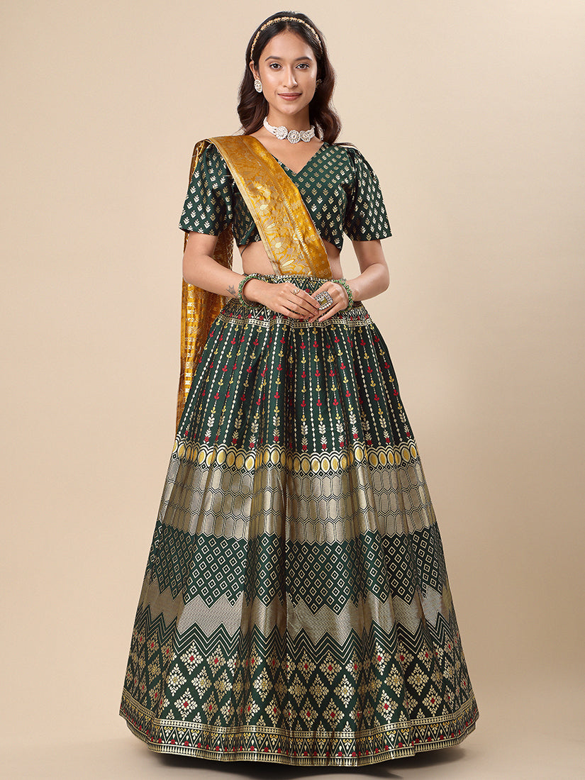 Dark Green Jacquard Zari Woven Lehenga With Mustard Banarasi Dupatta