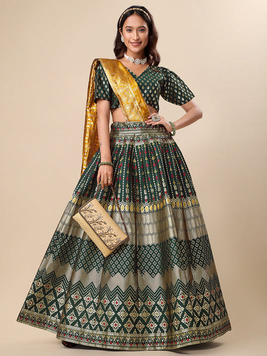Dark Green Jacquard Zari Woven Lehenga With Mustard Banarasi Dupatta