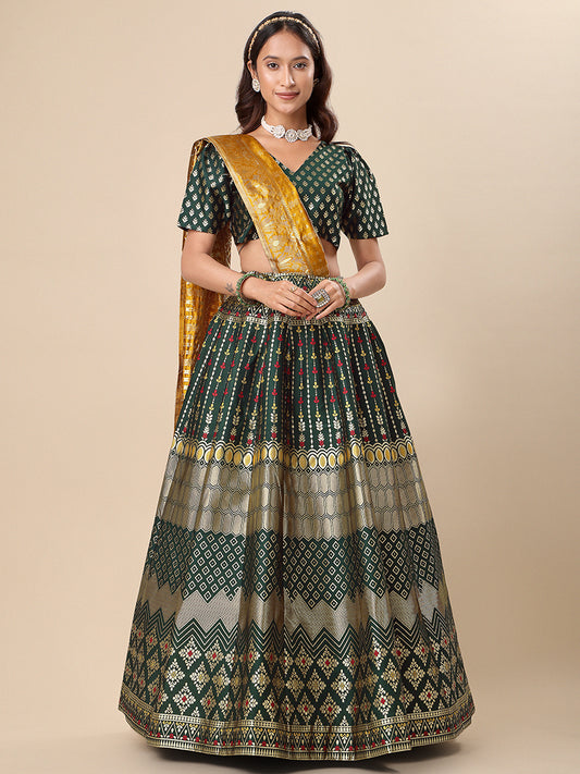 Dark Green Jacquard Zari Woven Lehenga With Mustard Banarasi Dupatta