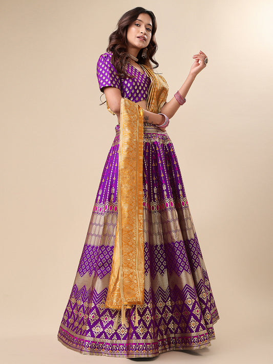 Purple Jacquard Zari Woven Lehenga With Mustard Banarasi Dupatta