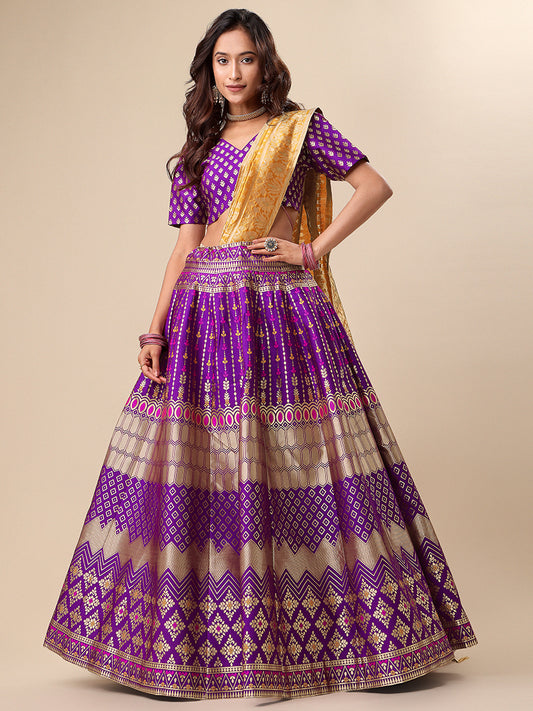 Purple Jacquard Zari Woven Lehenga With Mustard Banarasi Dupatta