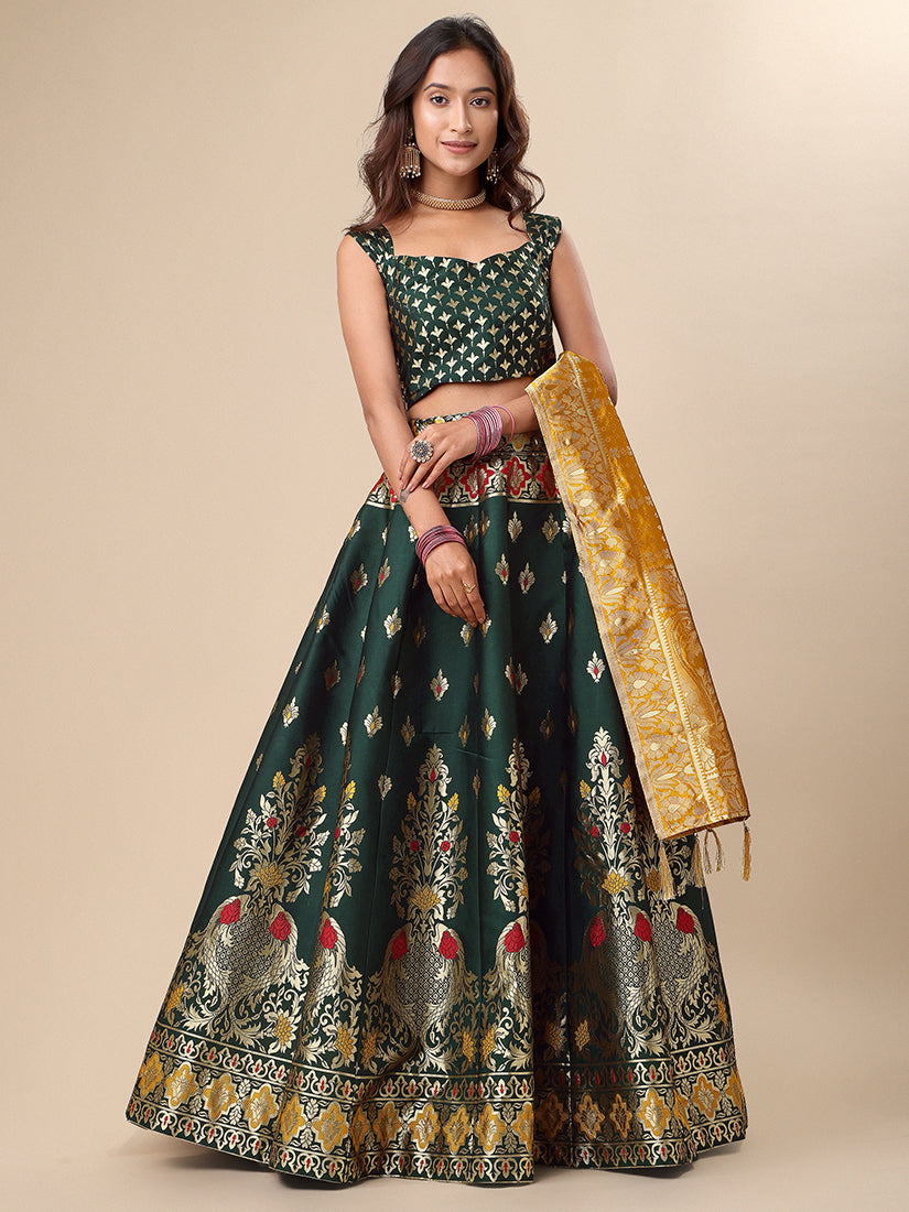 Dark Green Jacquard Zari Woven Lehenga With Mustard Banarasi Dupatta