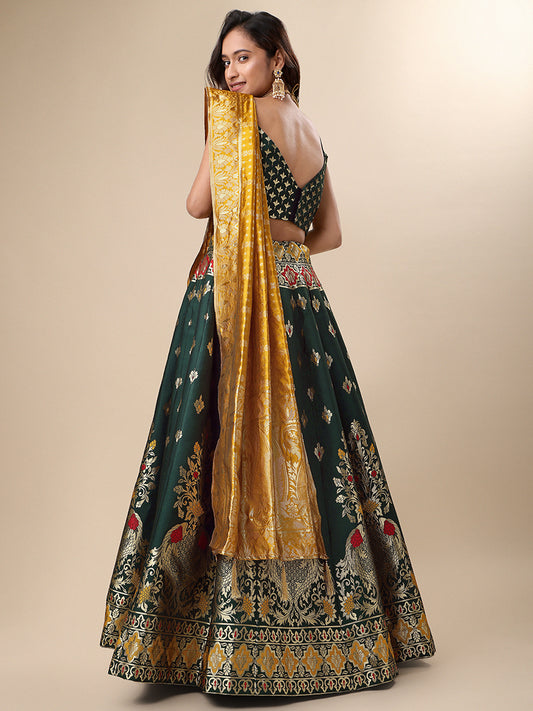 Dark Green Jacquard Zari Woven Lehenga With Mustard Banarasi Dupatta