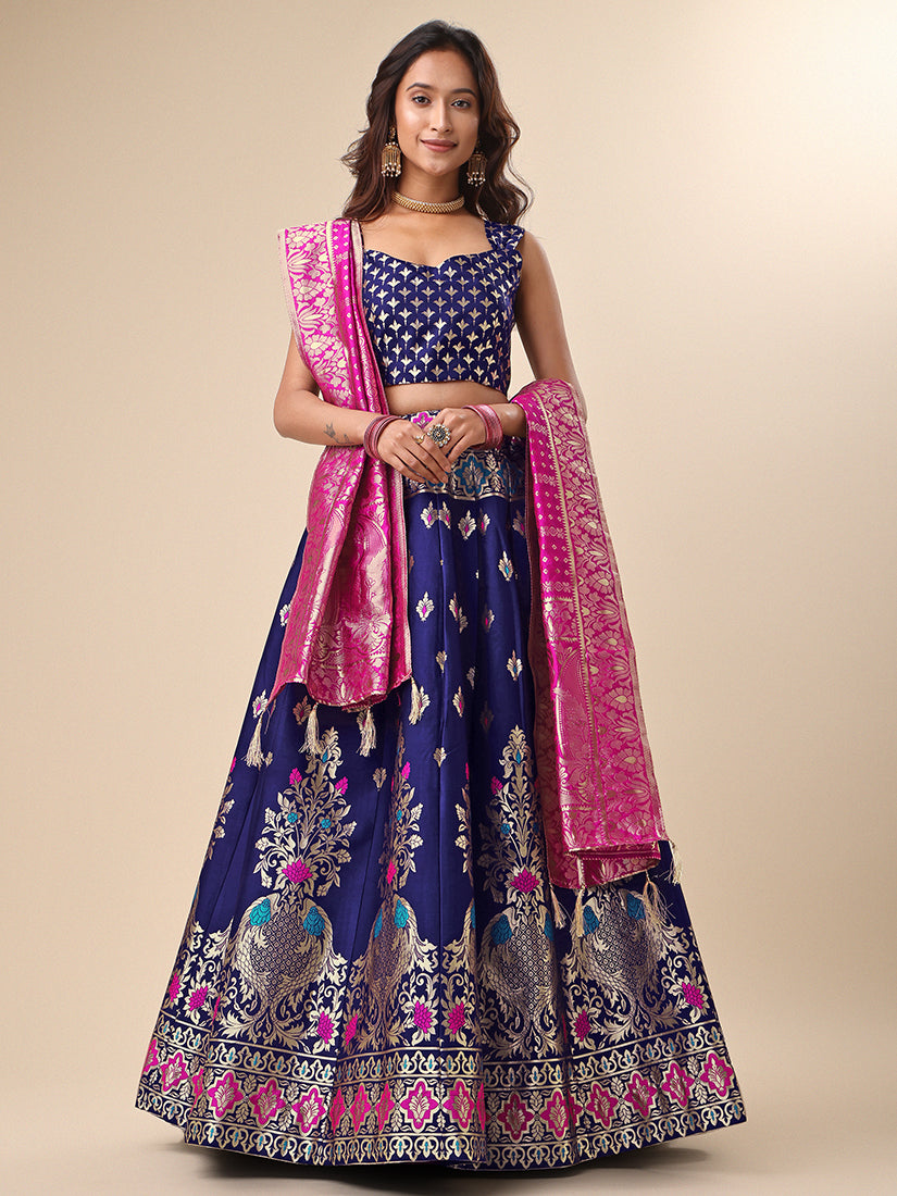Navy Blue Jacquard Zari Woven Lehenga With Rani Pink Banarasi Dupatta