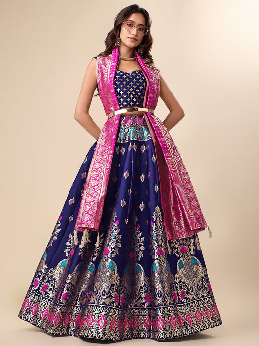 Navy Blue Jacquard Zari Woven Lehenga With Rani Pink Banarasi Dupatta