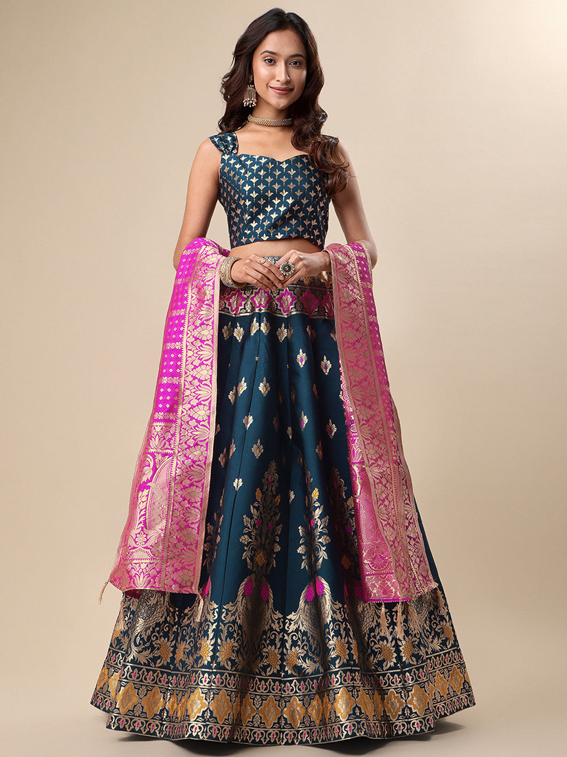 Dark Teal Jacquard Zari Woven Lehenga With Rani Pink Banarasi Dupatta