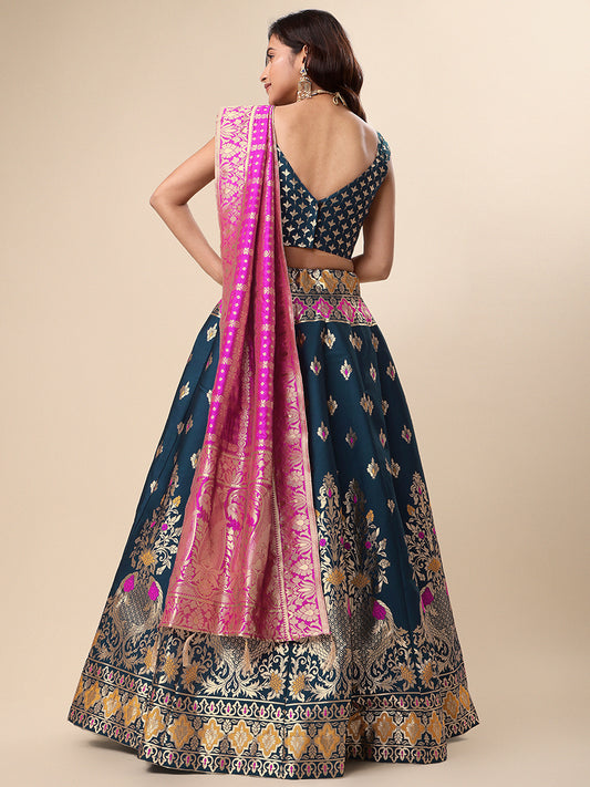 Dark Teal Jacquard Zari Woven Lehenga With Rani Pink Banarasi Dupatta