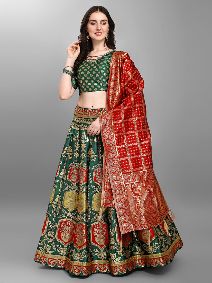 Dark Green Jacquard Zari Woven Lehenga With Red Banarasi Dupatta