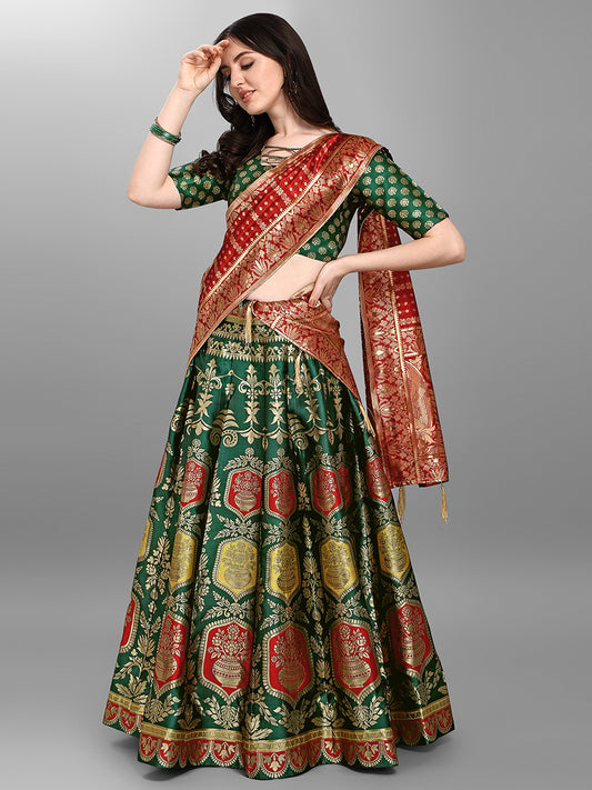 Dark Green Jacquard Zari Woven Lehenga With Red Banarasi Dupatta