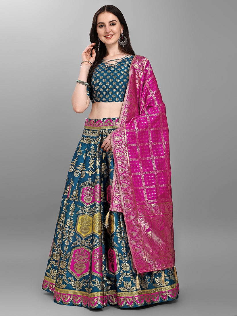 Rama Jacquard Zari Woven Lehenga With Rani Pink Banarasi Dupatta