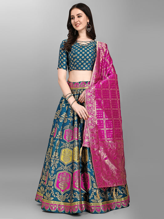 Rama Jacquard Zari Woven Lehenga With Rani Pink Banarasi Dupatta
