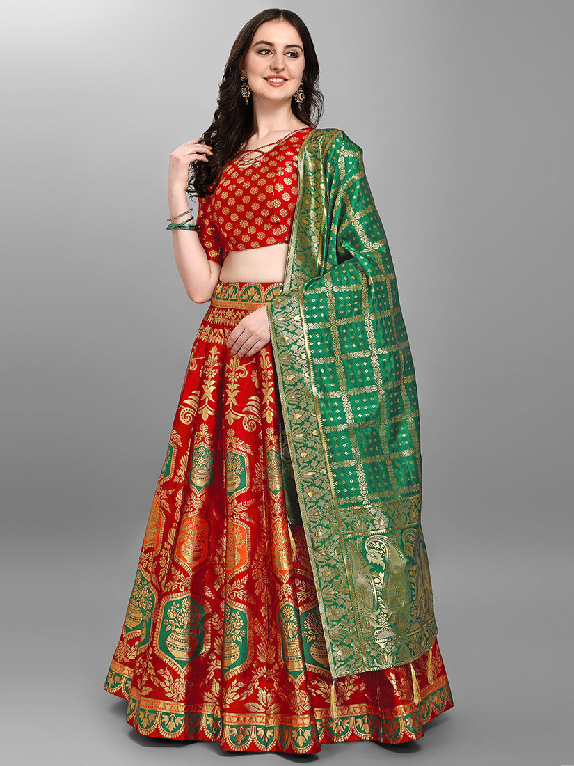 Red Jacquard Zari Woven Lehenga With Green Banarasi Dupatta