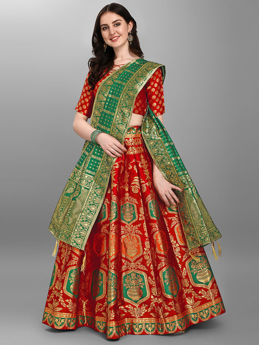 Red Jacquard Zari Woven Lehenga With Green Banarasi Dupatta