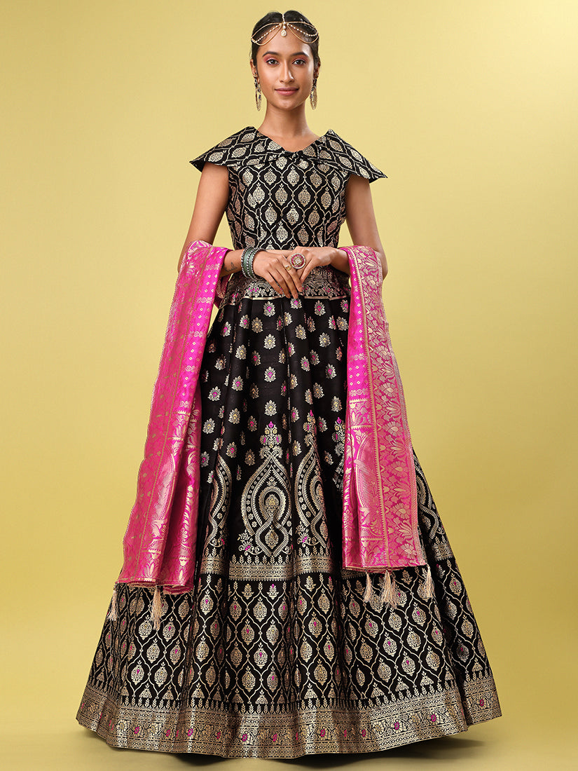 Black Jacquard Zari Woven Lehenga With Rani Pink Banarasi Dupatta