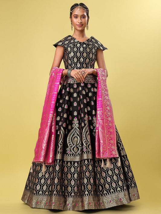 Black Jacquard Zari Woven Lehenga With Rani Pink Banarasi Dupatta
