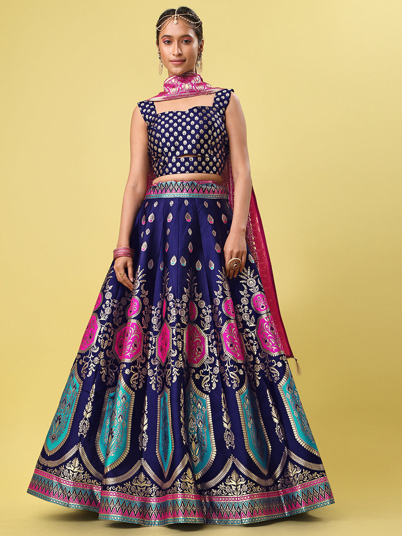 Navy Blue Jacquard Zari Woven Lehenga With Rani Pink Banarasi Dupatta