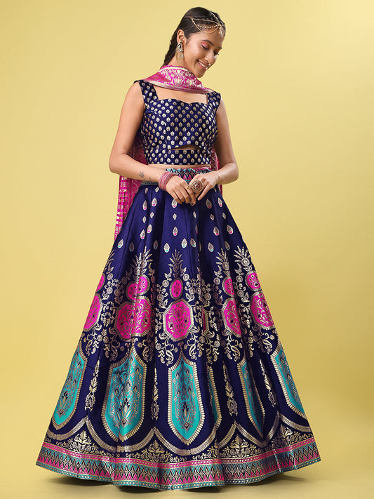 Navy Blue Jacquard Zari Woven Lehenga With Rani Pink Banarasi Dupatta
