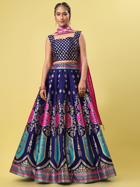 Navy Blue Jacquard Zari Woven Lehenga With Rani Pink Banarasi Dupatta