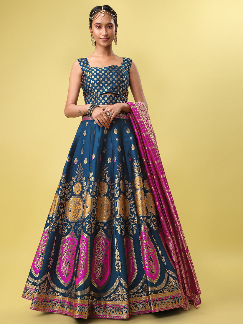 Teal Blue Jacquard Zari Woven Lehenga With Rani Pink Banarasi Dupatta