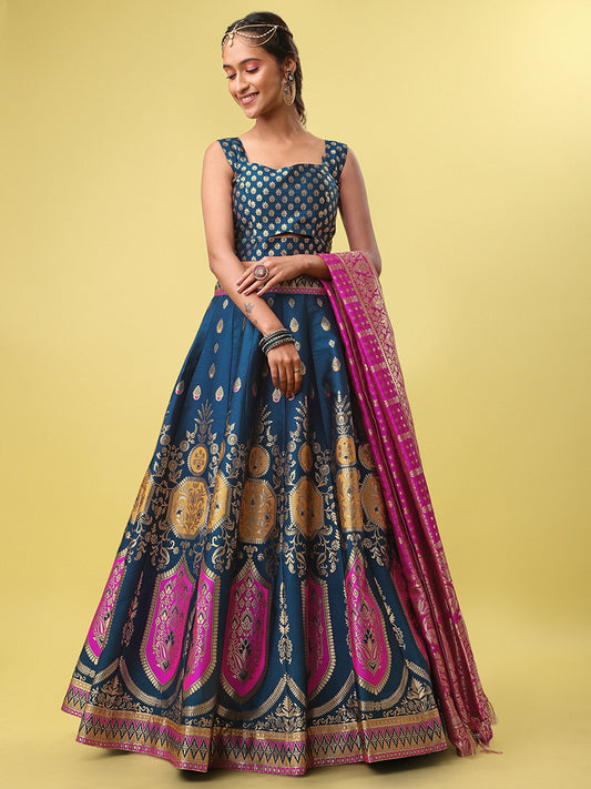 Teal Blue Jacquard Zari Woven Lehenga With Rani Pink Banarasi Dupatta
