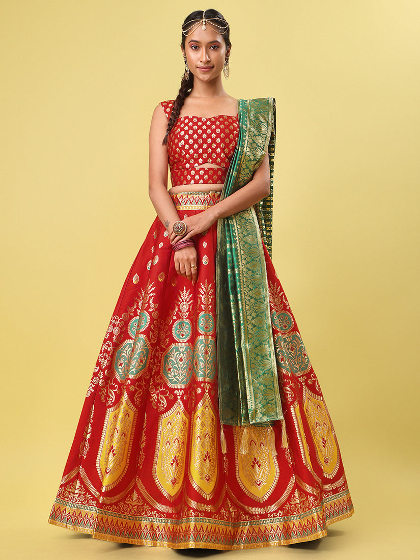 Red Jacquard Zari Woven Lehenga With Green Banarasi Dupatta