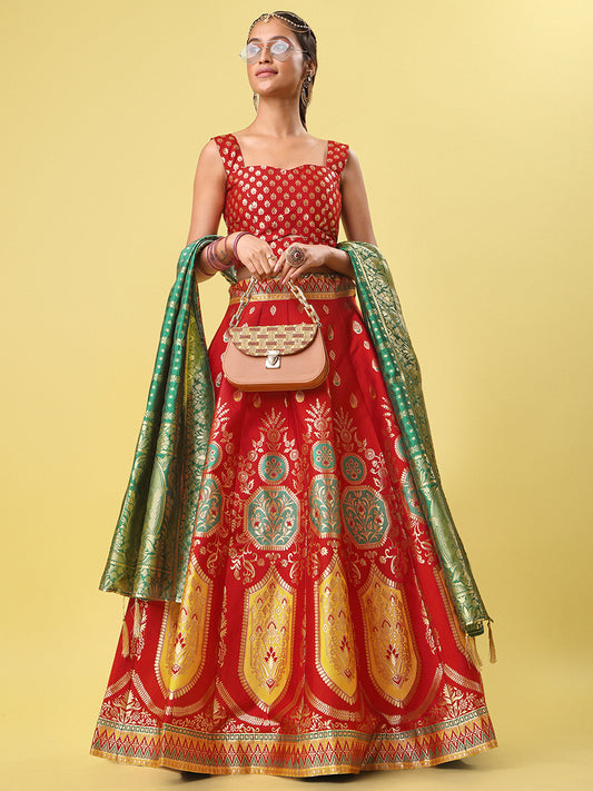 Red Jacquard Zari Woven Lehenga With Green Banarasi Dupatta
