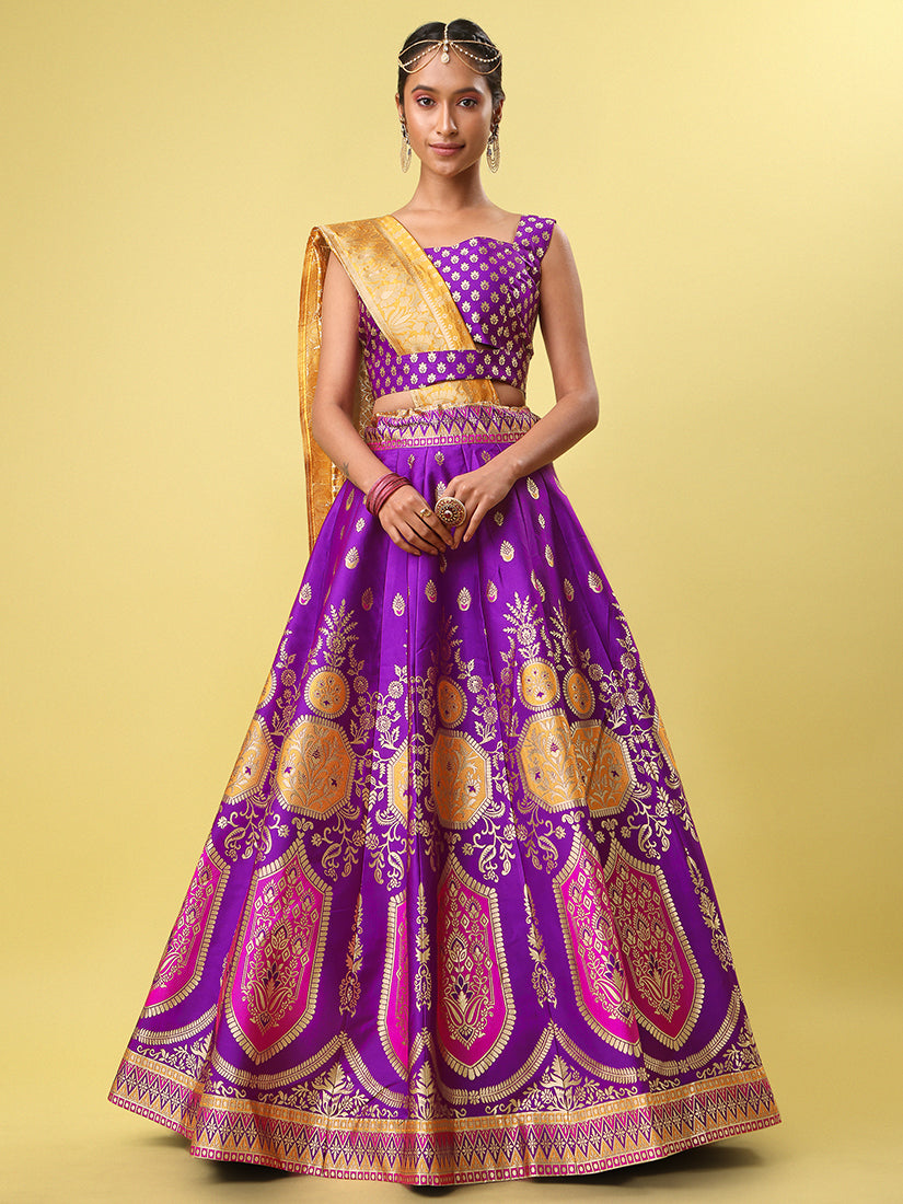Purple Jacquard Zari Woven Lehenga With Mustard Banarasi Dupatta