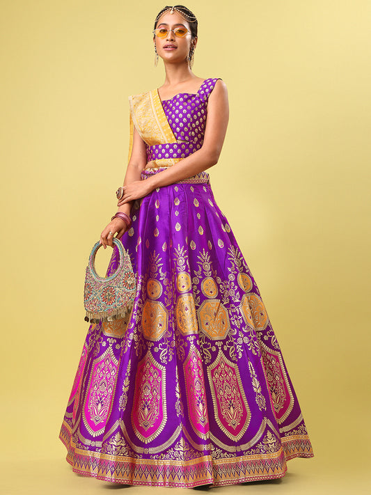 Purple Jacquard Zari Woven Lehenga With Mustard Banarasi Dupatta