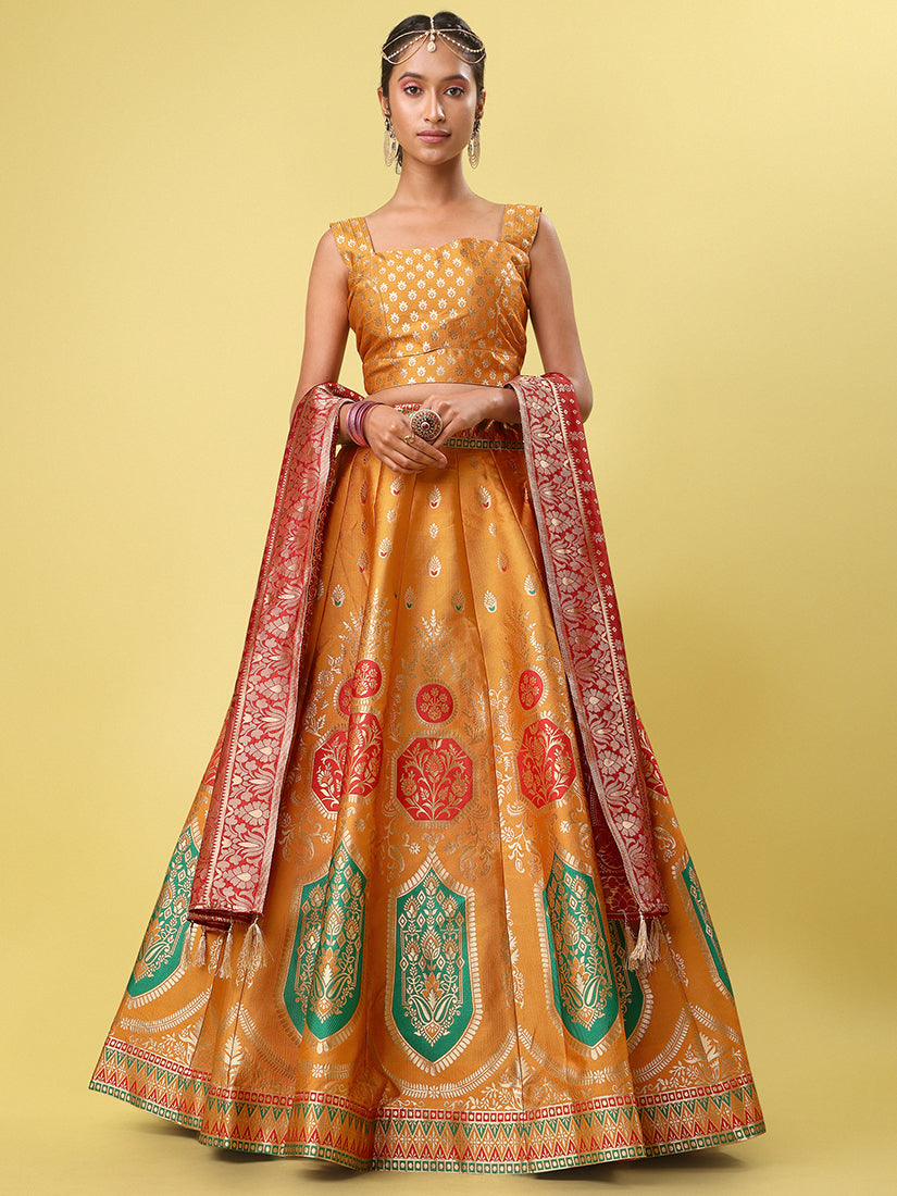 Orange Jacquard Zari Woven Lehenga With Red Banarasi Dupatta
