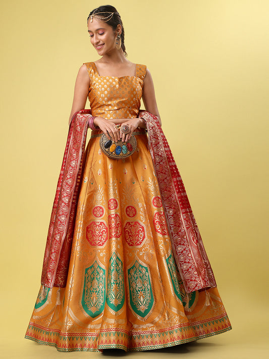 Orange Jacquard Zari Woven Lehenga With Red Banarasi Dupatta