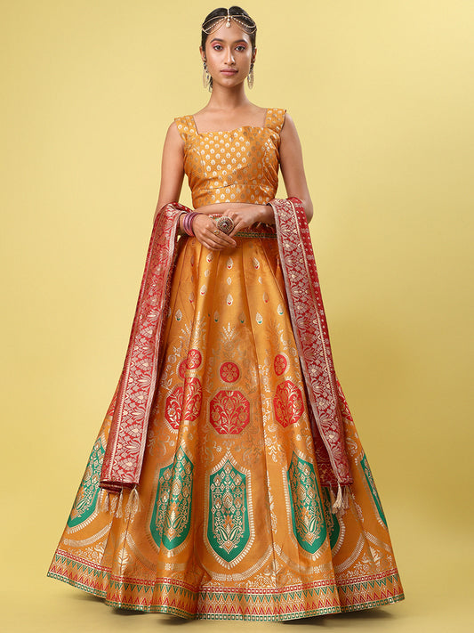 Orange Jacquard Zari Woven Lehenga With Red Banarasi Dupatta