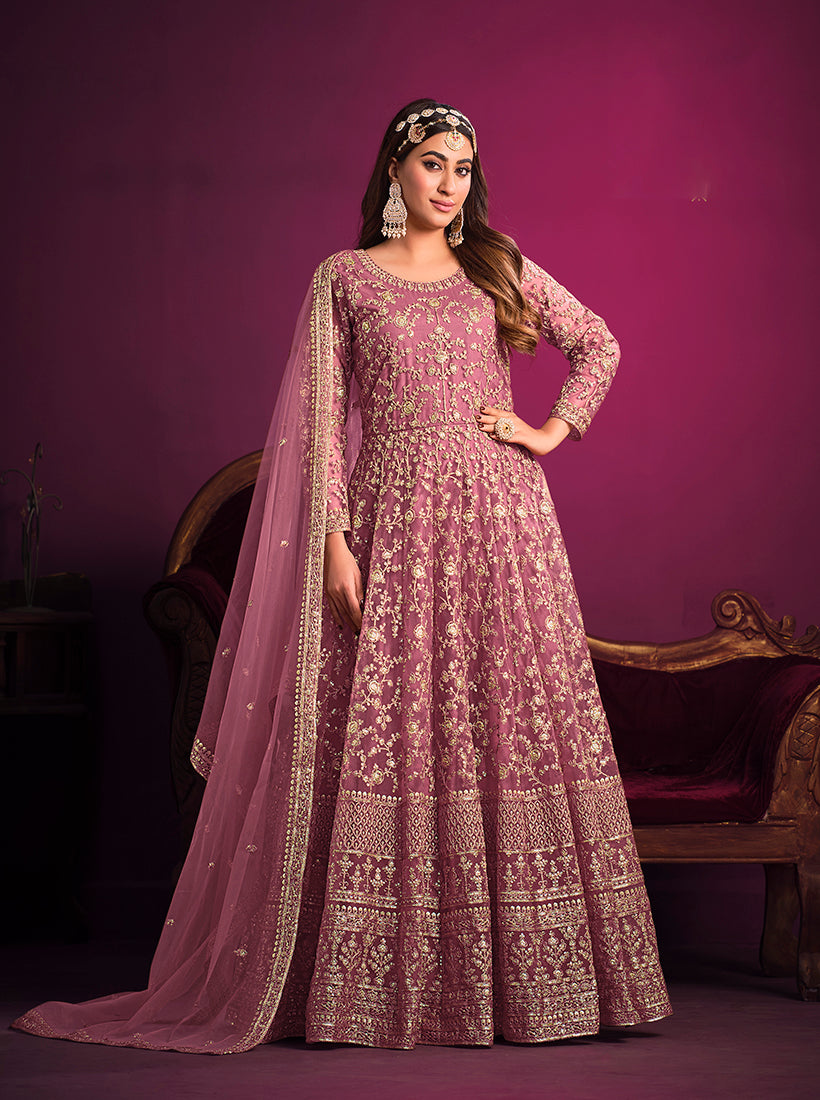 Light Pink Net Embroidered Designer Floor Length Anarkali Suit