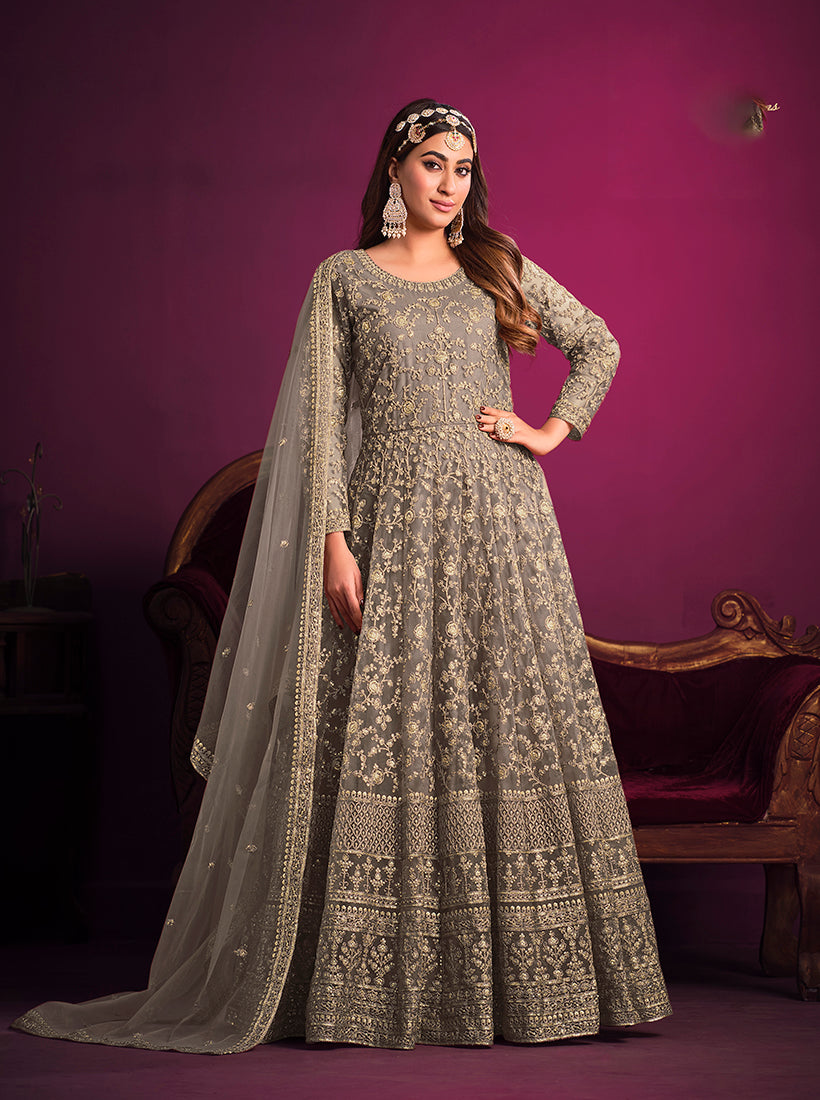 Silver Net Embroidered Designer Floor Length Anarkali Suit