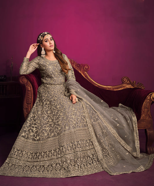 Grey Net Thread Embroidered Anarkali Suit