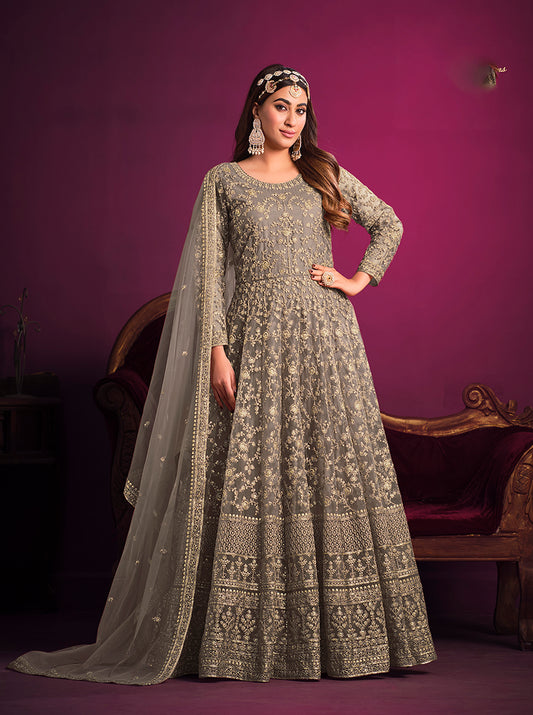 Grey Net Thread Embroidered Anarkali Suit