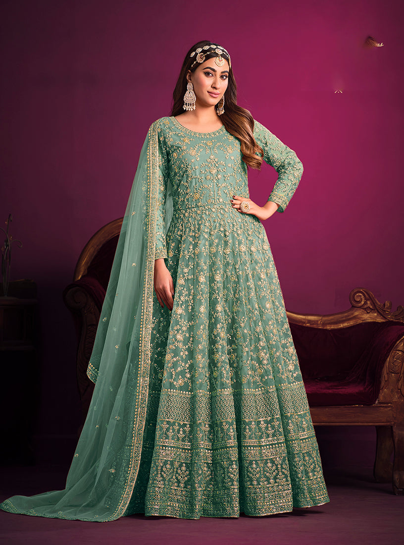 Sea green Net Embroidered Designer Floor Length Anarkali Suit