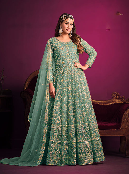 Sky blue Net Thread Embroidered Anarkali Suit