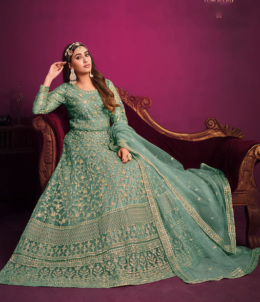 Sky blue Net Thread Embroidered Anarkali Suit