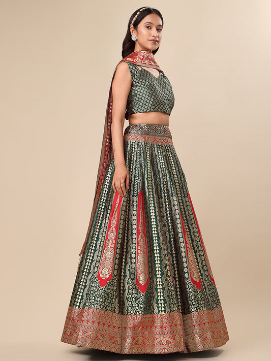 Dark Green Jacquard Zari Woven Lehenga With Red Banarasi Dupatta
