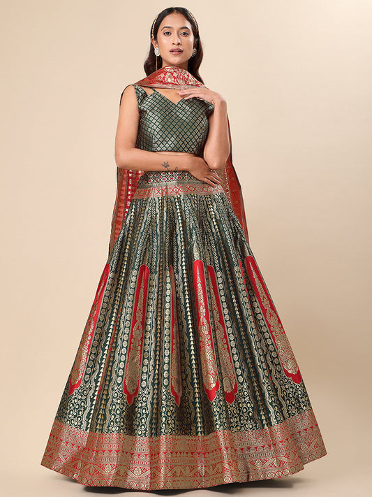Dark Green Jacquard Zari Woven Lehenga With Red Banarasi Dupatta