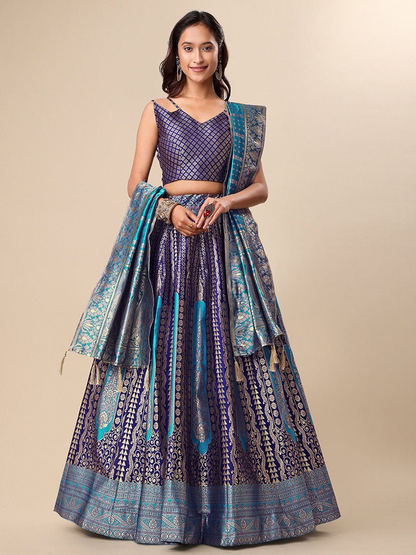 Navy Blue Jacquard Zari Woven Lehenga With Light Blue Banarasi Dupatta
