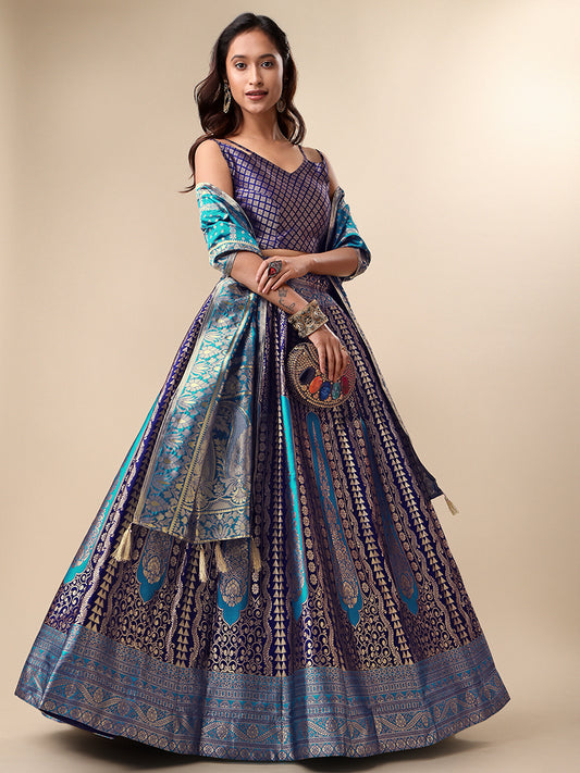 Navy Blue Jacquard Zari Woven Lehenga With Light Blue Banarasi Dupatta