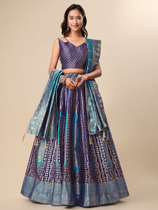 Navy Blue Jacquard Zari Woven Lehenga With Light Blue Banarasi Dupatta